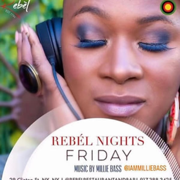 A woman with closed eyes and blue eyeshadow wears headphones, promoting "Rebél Nights Friday" with Millie Bass.