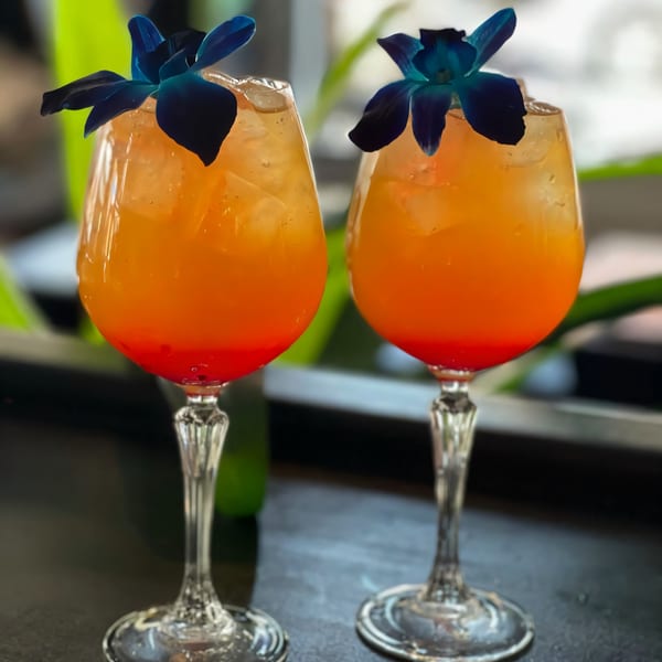 Two vibrant orange and red cocktails in stemmed glasses, garnished with blue orchids.
