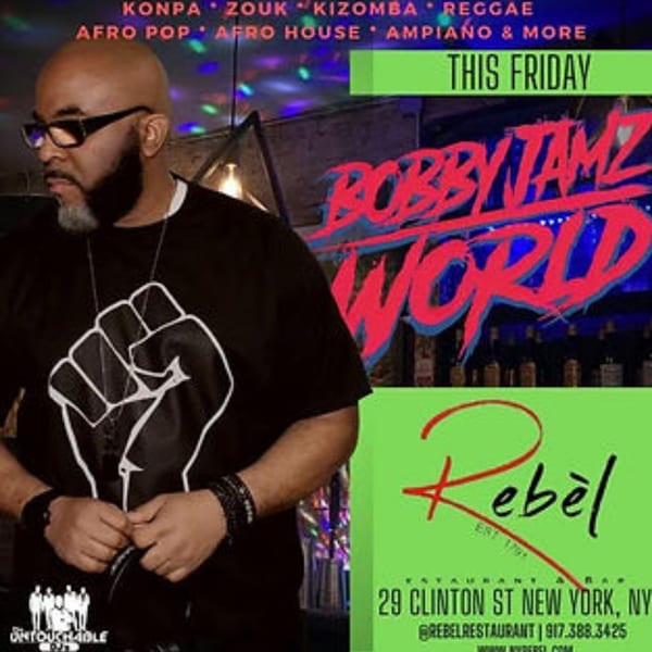 Promotional flyer for "Bobby Jamz World" at Rebel restaurant, featuring a man in glasses and a Black Power fist shirt.