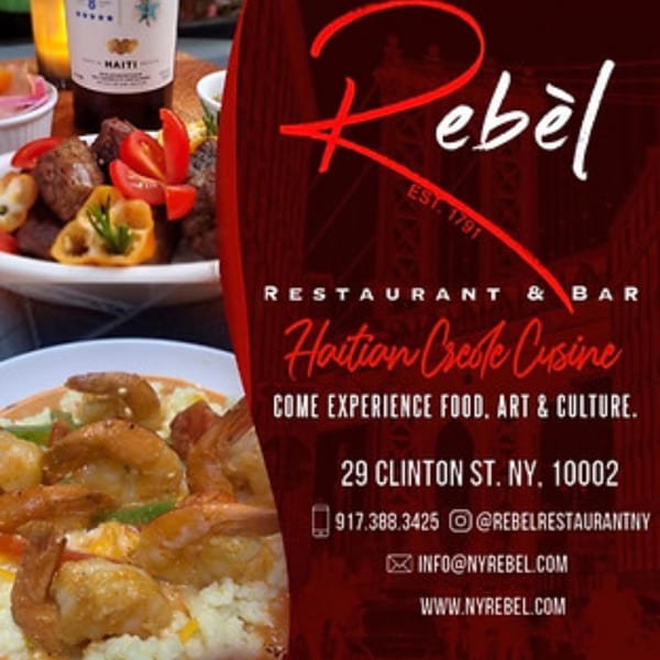 Haitian Creole dishes, including meat with tomatoes and peppers, and shrimp with rice.