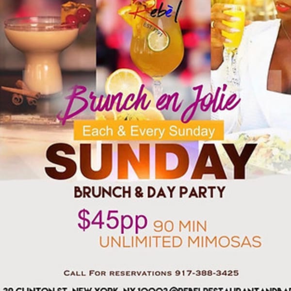 A collage of three drinks, including a mimosa, advertising REBEL's Sunday Brunch en Jolie.