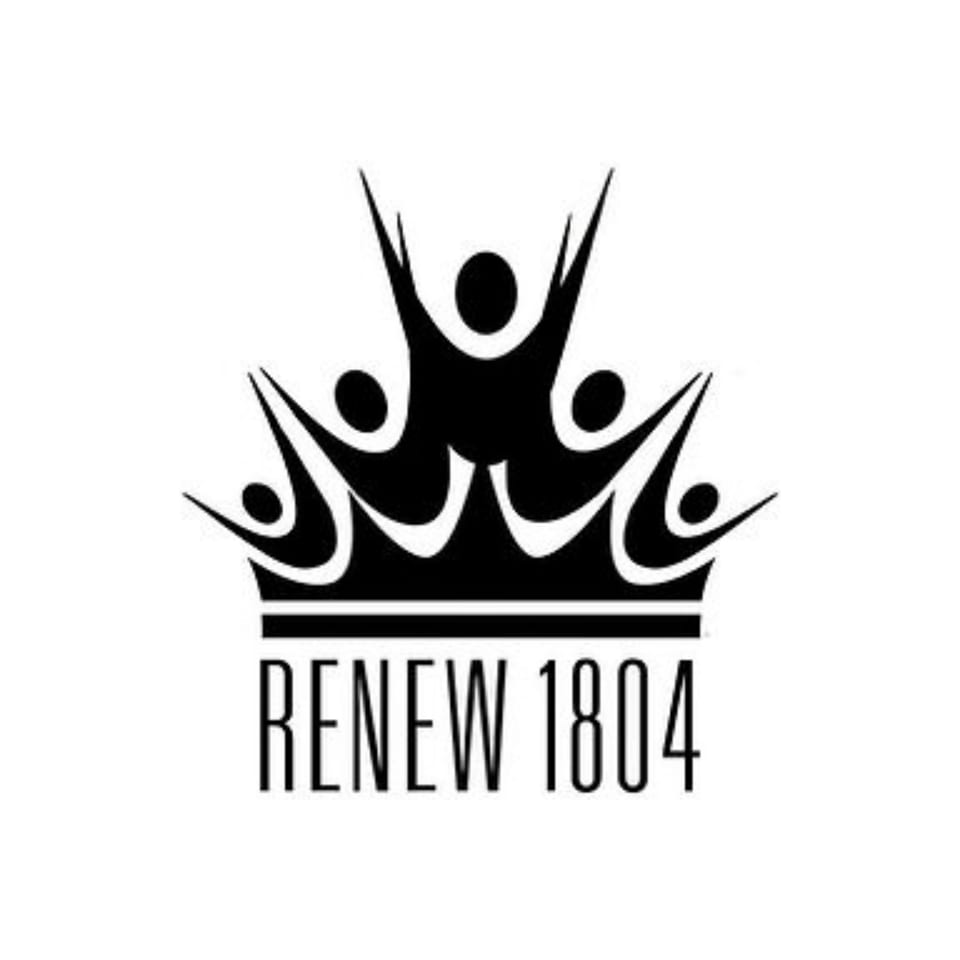 Black and white logo of a crown formed by five abstract figures with raised arms, above the text "RENEW 1804".