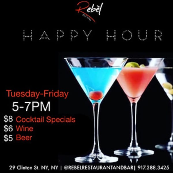 REBEL's Happy Hour advertisement with blue and red cocktails, listing specials and times.