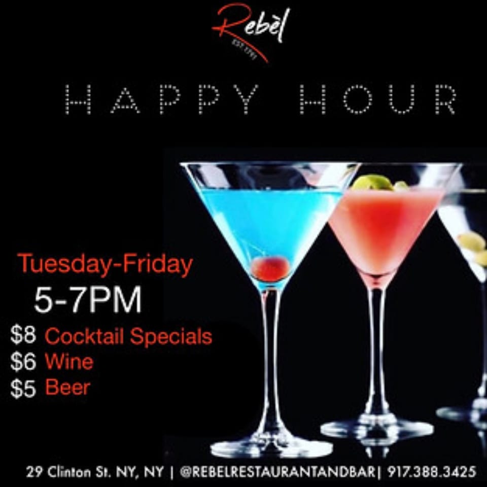 REBEL's Happy Hour advertisement with blue and red cocktails, listing specials and times.